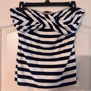 White House Black Market Blue and White Ruched Strapless Top